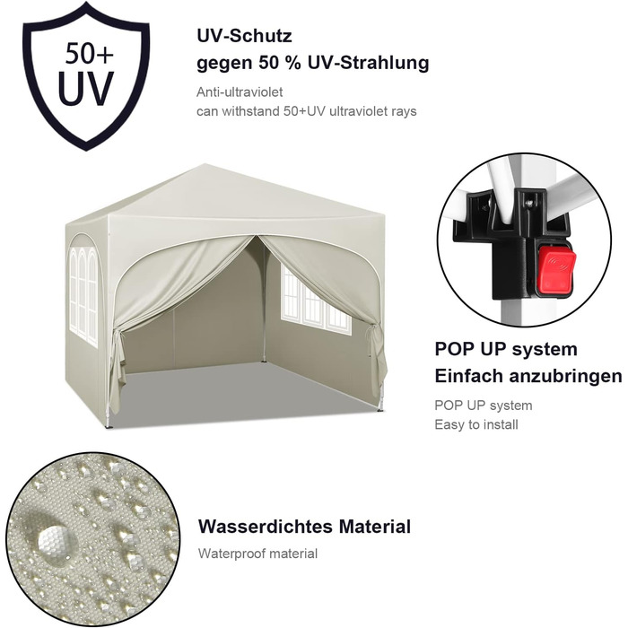 WOLTU Gazebo, Folding Gazebo 3x3 m, with 4 Side Walls, Party Tent Waterproof UV Protection 50+, Adjustable Height Garden Gazebo, with Carry Bag, for Outdoor Garden Camping (Beige)
