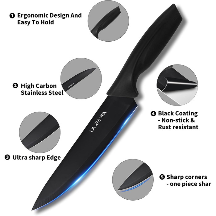 Набір ножів LIN ZHI REN 13 предметів з бруском, чорний. Кухонний набір ножів, ергономічні ручки, безпечний, для миття в посудомийній машині