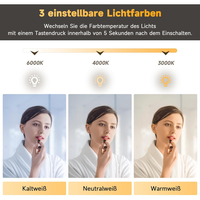 Дзеркало для ванної кімнати SONNI з LED-підсвічуванням, 100 x 60 см, антизапарник, IP44, сенсорне керування, 3 кольори світла