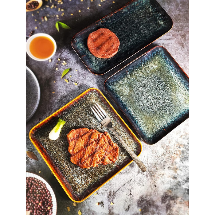 ЯЮ Керамічні тарілки 4 шт. для основного блюда: стейк, паста, різотто, закуски. Підходять для мікрохвильової печі, духовки та миття в посудомийній машині. Колір: коричневий, форма: квадратна.