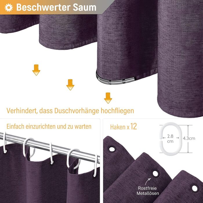 Тканинна шторка для душу BTTN, 180x200 см, льонова текстура, антигрибок, миється, текстиль, 12 гачків, сучасний, водовідштовхуючий, з обтяжувачем, декор, поліестер, кремовий колір (фіолетовий, однотонний, H180 x B180 см (упаковка 1 шт))
