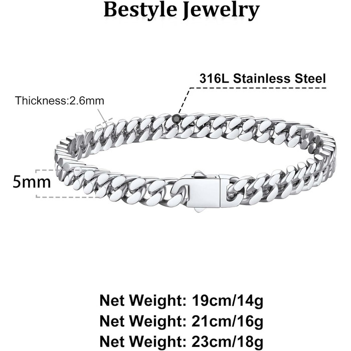 Чоловічий браслет Bestyle з нержавіючої сталі, ланцюг панцир, ширина 5/7/9/12.5 мм, срібний/чорний/золотий, довжина 19/21/23 см - ідеальний подарунок для чоловіків
