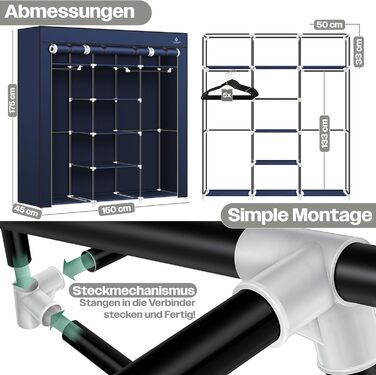 KESSER® Wardrobe Clothes Closet Stable with Clothes Rail & Shelves, Incl. 5x Clothes Hangers, Fabric Folding Closet for Bedroom, Dressing Room Wardrobe with Clothes Rack 150x45x175cm Navy Blue