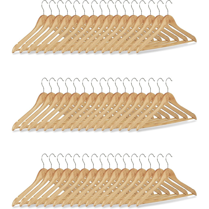 Relaxdays Clothes Hanger Set, 48 Wooden Pant Hangers, Wardrobe Hangers, 360° Swivel Hooks, WxH: 22.5x44.5cm, natural/silver