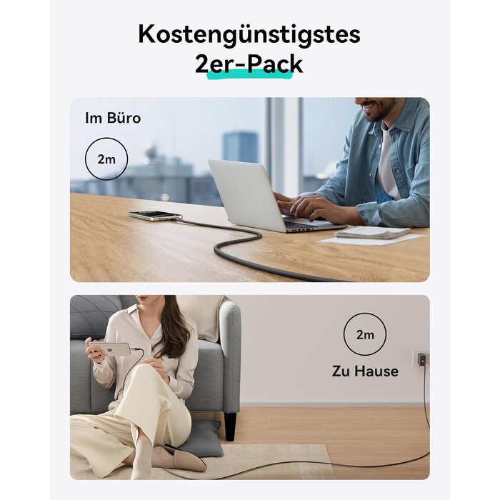 Кабель USB-C 240W, 2 шт. (2м+2м), нейлон, чорний, для iPhone, Samsung, Pixel, iPad, MacBook