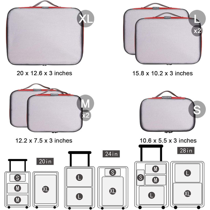Органайзери для валізи G4Free (6 шт.) - набір для подорожей, червоний (1S+2M+2L+XL)