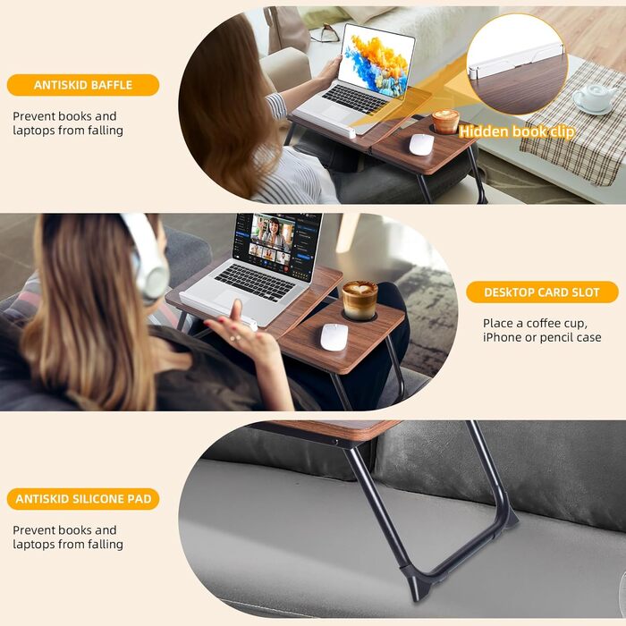Регульовані дерев'яні столики під коліна для ліжка, письмовий стіл з інтегрованим тримачем для напоїв, горіх