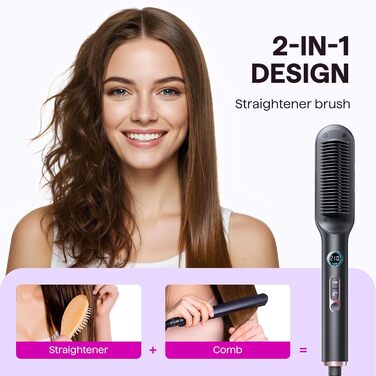 Wavytalk Glättbürсте - Іонна щітка-випрямляч 2 в 1 з LED-дисплеєм. Керамічний випрямляч для волосся з захистом від опіків, для дому та салону. Подвійна напруга (100–240V), EU-штекер, Чорний