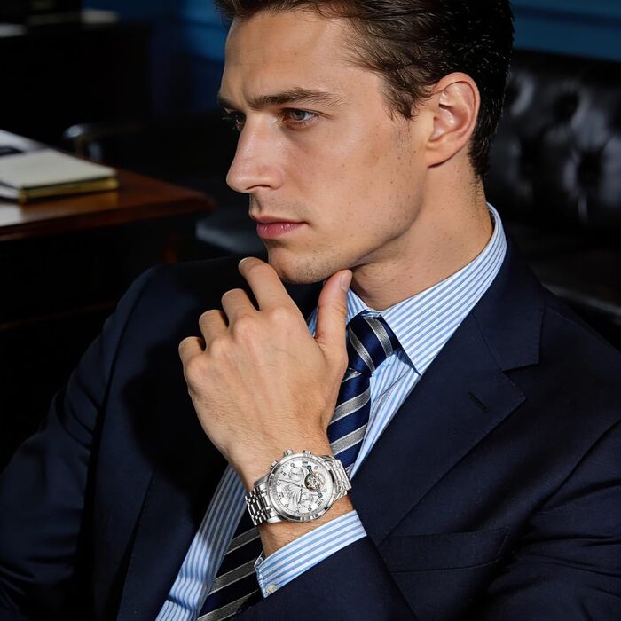 Чоловічий механічний годинник OLEVS з турбійоном та календарем, водонепроникний, зі світлою індикацією (7088, сріблястий)