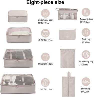 Органайзер для валізи OSDUE 8 шт. - Набір кубиків для пакування, водонепроникні сумки для подорожей, органайзери для валізи, косметичка, мішок для взуття, кишеня для USB-кабелів (Бежевий)