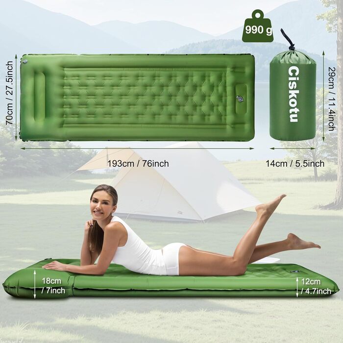 Кімомат Ciskotu Саморозгортальний килимок для кемпінгу, 12 см, з насосом, ультралегкий, компактний, зелений