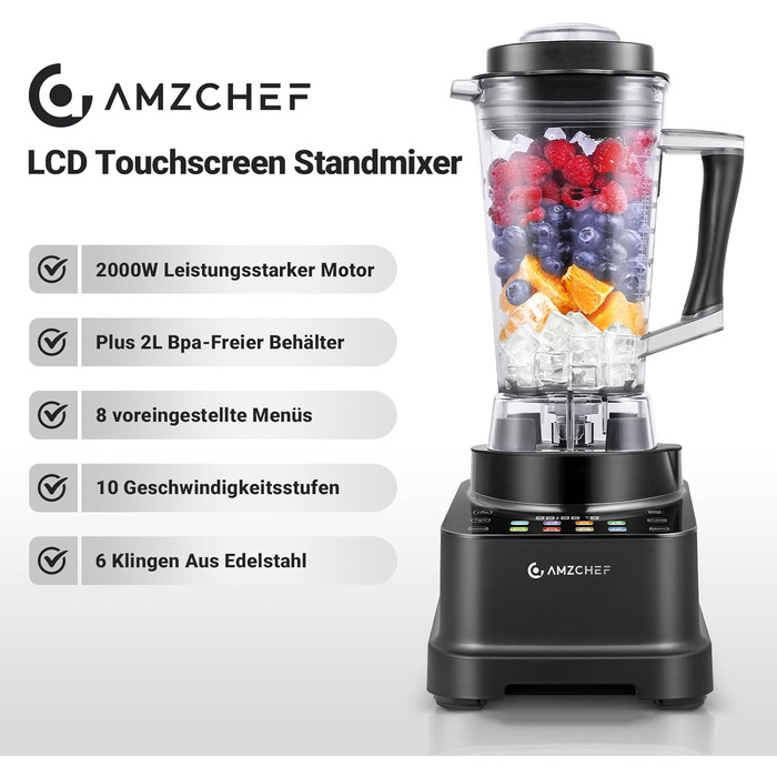 AMZCHEF 8-in-1 Multi Stand Mixer with Auto-IQ | 2000W High-Power Mixer with LCD Touchscreen | 2L Blender with 8 Smart Menus and 10 Speeds for the Kitchen | Black 25.6 x 20.1 x 47.6 cm Black