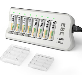 Зарядний пристрій EBL для акумуляторів AA AAA (NI-MH, NI-Cd) та USB-пристроїв, 8 слотів, LED-індикатор, 2 USB порти, без акумуляторів