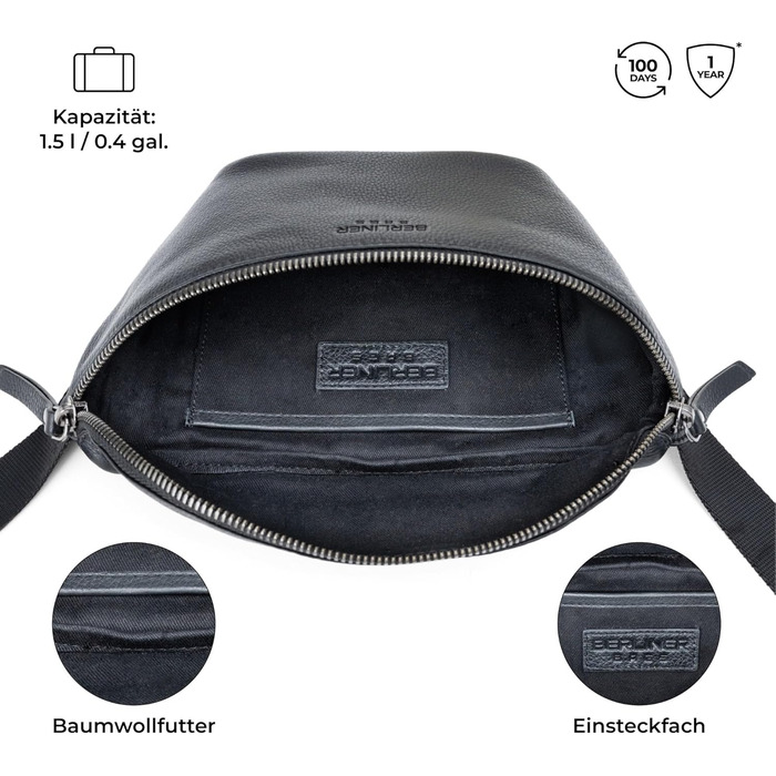 Berliner Bags Преміум Поясна Сумка Noah, Чоловіча/Жіноча Сумка через Плече з Шкіри, Кросбоді, Чорна