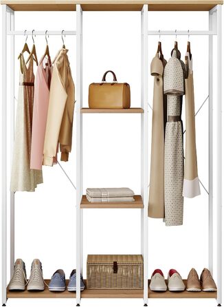 WOLTU XXXL Clothes Rack Freestanding with Shelf Laundry Rack Wardrobe Open Clothes Rail with Shoe Shelf for Bedroom, Wood and Steel, Black + Light Oak (White+light Oak)