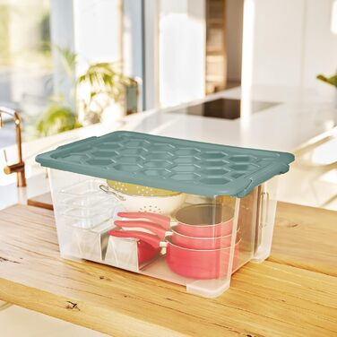 Rotho Evo Safe Keeping 3-Piece Storage Boxes 44l with Lid, Plastic, Turquoise/Transparent