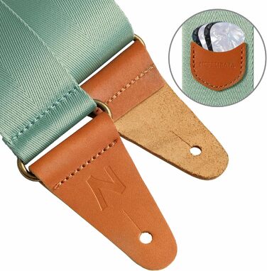 Гітарний ремінь з кишенею для медіатора, вінтажний, з кінцями з повном'якої шкіри. Підходить для бас-гітари, електро- та акустичної гітари. З безкоштовним кріпленням для ременя, 1 паром затискачів та 4 медіаторами. Колір: світло-зелений