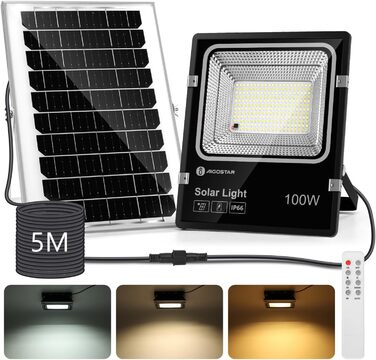 Aigostar Solar LED Floodlight Outdoor with Large Solar Panel, 5m Cable, Dimmable 3000K/4500K/6500K, 8000mAh, Large Battery Capacity, IP66, Solar Lamps for Outdoor Gardens, Solar Light with Remote Control