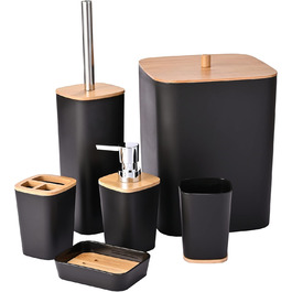 Yorkmills 6-Piece Bamboo Bathroom Accessory Set, Bathroom Accessory Set, Bathroom Trash Can and Toilet Brush Set, Modern Trash Can, Toothbrush Holder Cup, Soap Dish Holder