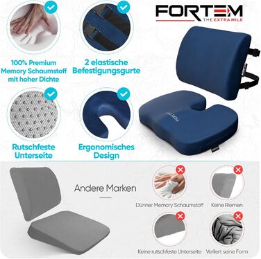 FORTEM XL Подушка для сидіння та попереку для офісного крісла, м'яке сидіння, подушка для спини з Memory Foam, підтримка попереку для авто, антиковзаюча подушка для сидіння та спини для геймінгу, автокрісла, стільця. Великий розмір (Синій велюр, Extra Gro