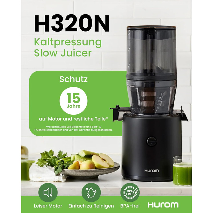 Соковижималка Hurom H320N для овочів і фруктів, електрична холодного віджиму, тиха, легка у чищенні, з великим контейнером 2 л, 200 Вт, BPA Free, чорна