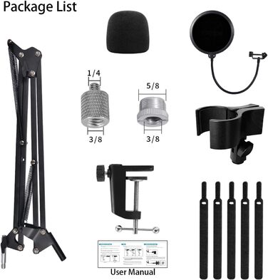 Тримач для мікрофона на подовжувачі, регульований кріплення для Blue Yeti, Yeti Nano, Elgato Wave, HyperX QuadCast, Fifine AM8 та інших мікрофонів, з різьбою 3/8' - 5/8' 1/4', поп-фільтр, кріплення для мікрофона
