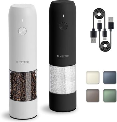 TLYSXPRO Salt and Pepper Grinder Electric 2-Piece Set, USB Rechargeable, Adjustable Coarseness Spice Grinder, Electric Pepper Grinder with LED Light, Electric Pepper Grinder, Kitchen Gadgets