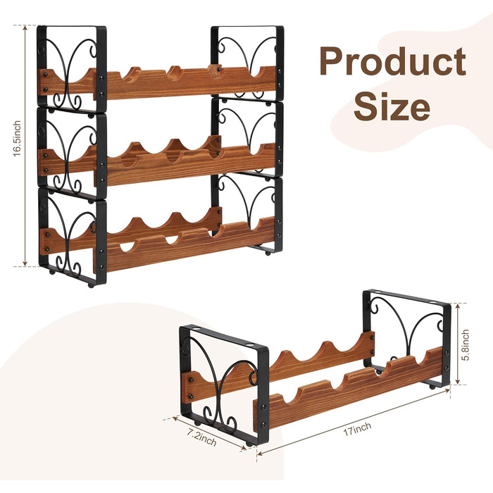 Rustic 3-Tier Stackable Wine Rack Freestanding 12 Bottle Organizer Holder Stand Countertop Liquor Storage Shelf Solid Wood & Iron 16.5