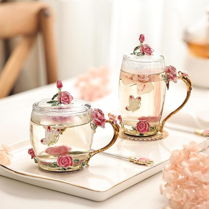 Enamel Butterfly Flower Tea Cup Sets with Spoon and Lid, Glass Coffee Mugs, Wedding Birthday, Valentine's Day, Christmas, Gift for Women Wife Friend (Pink)