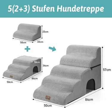 Dog stairs for small dogs, pet stairs for loft beds made of high-density sponge, dog stairs/ramp with washable cover (gray, 83x50x57cm-hole, 5.0)