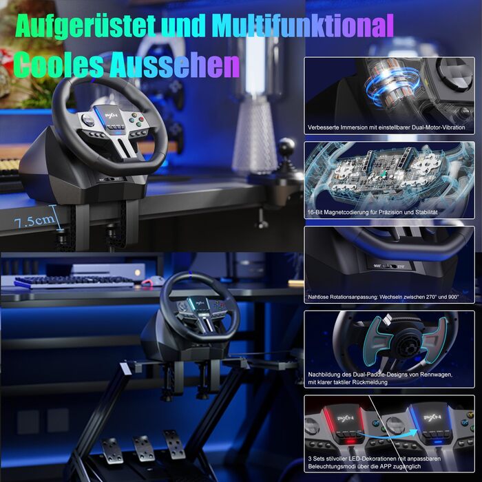 PXN V9 Gen2 Ігрове кермо для ПК, Xbox та PS4 з педалями та перемикачем передач, 270° оберт, 900° кут повороту, ефект Холла, вібрація