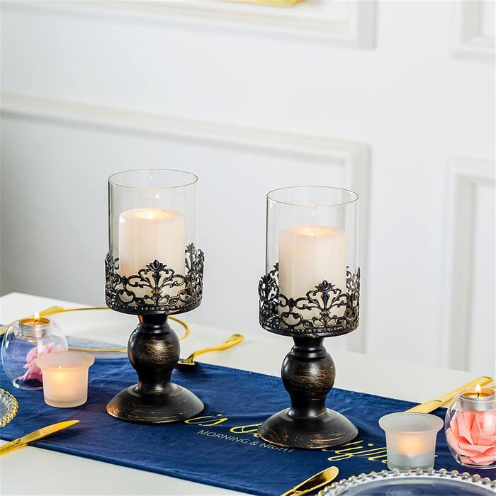 Sziqiqi Candle Holders Set Vintage Distressed Black Hurricane Candle Holders 2 Pieces, for Pillar Candles Wedding Party Home Decoration Fireplace Mantel Decoration 27cm & 33cm (2 Pieces Small, Black)
