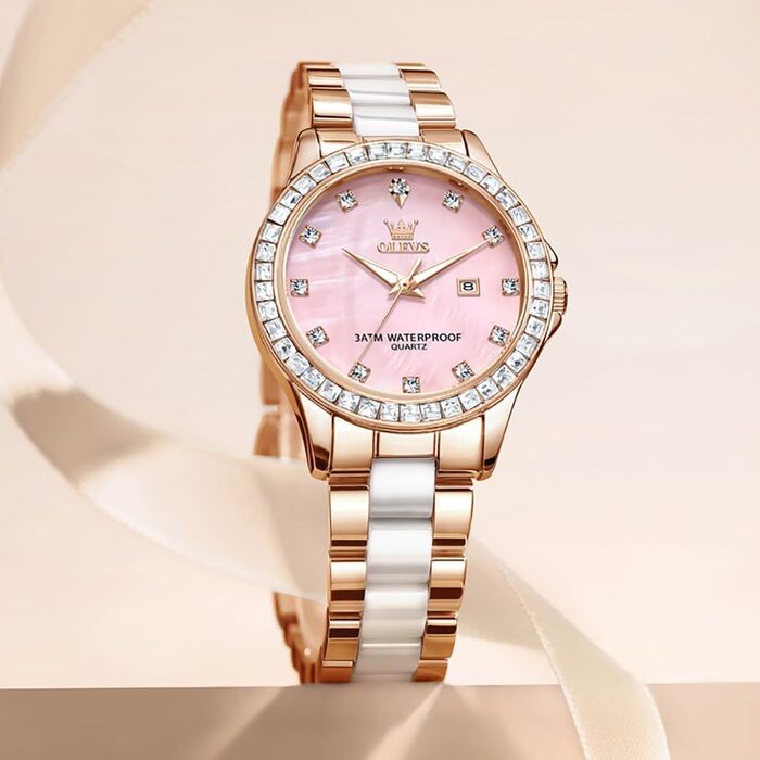 Годинник жіночий OLEVS з діамантами, елегантний, розкішний, на рожевому ремінці з керамічним склом (3651 Roségold)