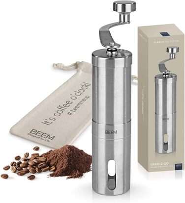 Ручна кавомолка BEEM GRIND-2-GO, 40 г, конічний жорн, безступеневе регулювання помолу, нержавіюча сталь, бавовняний мішечок