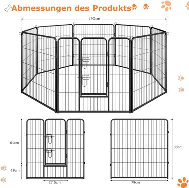 Металевий вольєр для собак, котів, кроликів COSTWAY 80 см, 8-секційний, з дверцятами на замок, чорний