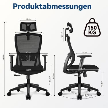 Ергономічне офісне крісло з регульованою спинкою та підголівником, до 150 кг, чорне X-Large