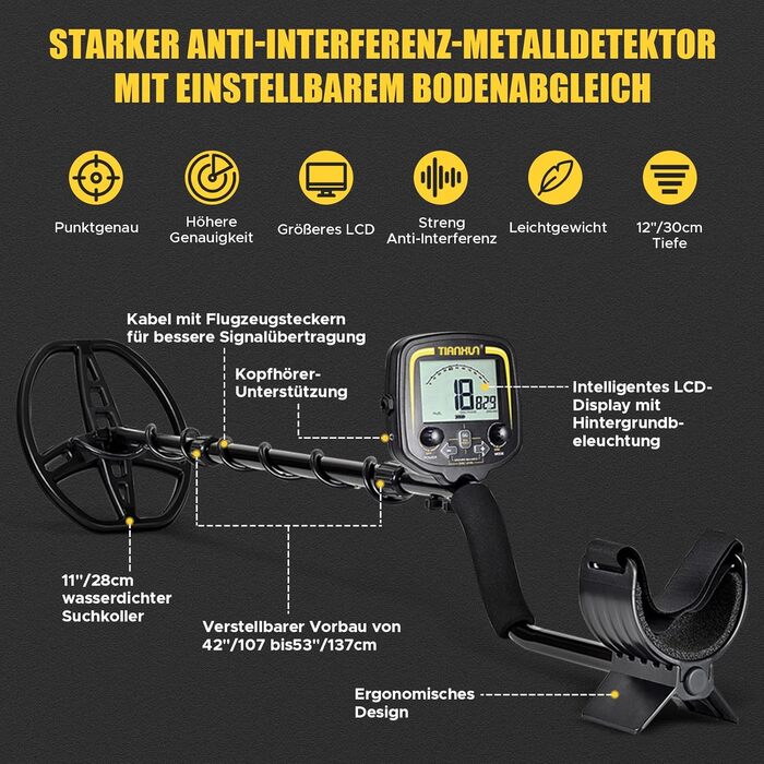 Металдетектор 13''/33см Profi з великою водонепроникною двокотушковою пошуковою котушкою, високою чутливістю та функцією Pinpointer, для пошуку золота, для дорослих з LCD-дисплеєм (Сірий)