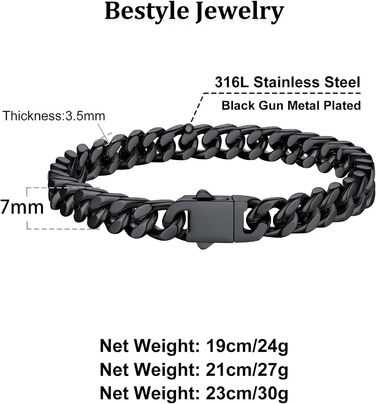 Чоловіча ланцюжок Panzerkette Miami з нержавіючої сталі Bestyle, 19/21/23 см, 5/7/9/12.5 мм, з подарунковою коробкою, чорний колір