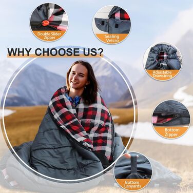 Спальний мішок Poepore Outdoor Winter для дорослих, XXL, 3-4 сезони, теплий бавовняний фліс, 230x100 см, 0°C (сірий, -6°C)