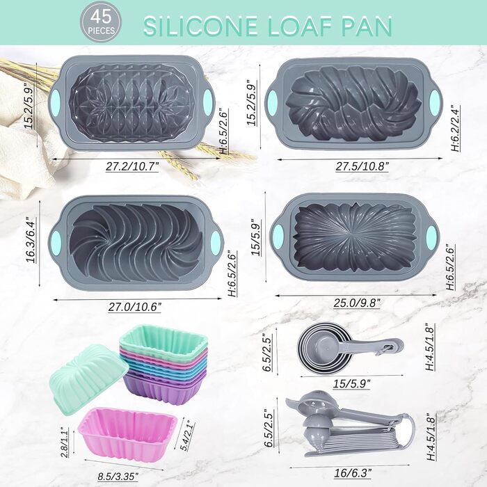 Tongude 45-Piece Silicone Baking Mold Set, 4-Cup Silicone Baking Pan for Baking Bread, Ribbed Cupcake, Non-Stick Kitchen Baking Molds, with Measuring Cup and Spoon Set, gray
