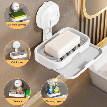 Тримач для мила настінний з піддоном для води, без свердління, з ящиком, з пластику, білий