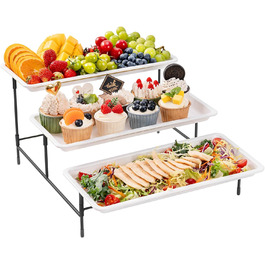 Lifewit 3-Tier Etagere with 36 x 17 cm Plastic Serving Tray, 3-Level Serving Tray/Serving Platter with Folding Black Metal Shelf, Buffet Party Accessories for Vegetables/Fruit/Cookies/Cake