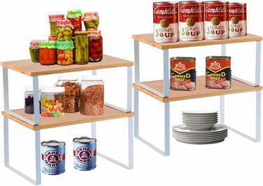 HMRACK Spice Rack, 4-Piece Bamboo Set, Expandable Kitchen Shelf, Stackable Spice Holder, Metal and Wood Composite, White and Natural