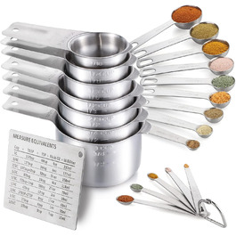 Stainless Steel Measuring Cups and Spoons Set, 5 Measuring Cups and 5 Measuring Spoons for Baking and Cooking, Kitchen Measuring Tools (9+7+5+1)