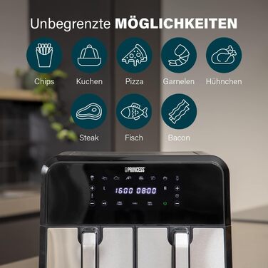 Princess Double Chamber Air Fryer with 2x4L Capacity – 62.2% Less Energy Consumption – Separate Temperatures for 2 Compartments – 8 Programs – 182074, 1700 Watts, 38.4 x 37.4 x 30.8 cm 2x4L Double Chamber Air Fryer Silver
