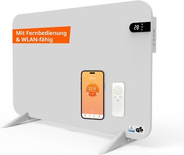 Обігрівач KönigsHaus 450W Smart Dual-Інфрачервоний V2 - підлоговий/настінний - керування через Wi-Fi, пульт - з тримачем для рушників, ніжки та кріплення - білий, з дисплеєм
