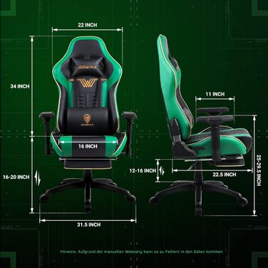 Ігровий крісло Dowinx з підлокітниками 4D та підніжкою - ергономічний геймерський стілець, 150 кг (зелений)