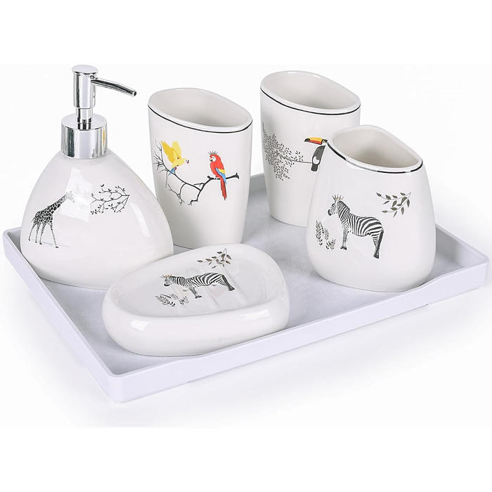 Bathroom accessory set, gold marble look, modern 6-piece bathroom accessory set, complete with soap dispenser, toothbrush holder, cup, tray, and countertop organizer (Tier)