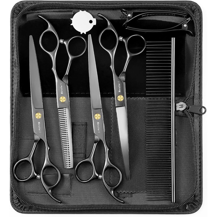 Набір професійних ножиць для грумінгу собак 5шт (прямі, вигнуті, для розрідження), чорний