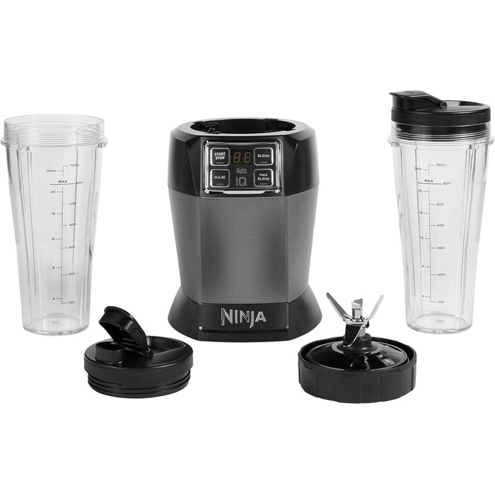 Ninja Mixer with 2 programs: Mixing & Max Mixing, Pulse function, 2 x 700ml cups with pouring lids, 1000W, dishwasher-safe, Mixer Smoothie Maker, Auto-iQ, Black BN495EU